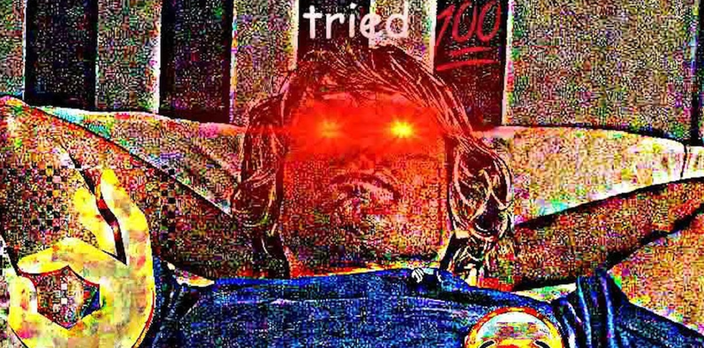 A "deep fried" meme of a person with red eyes.